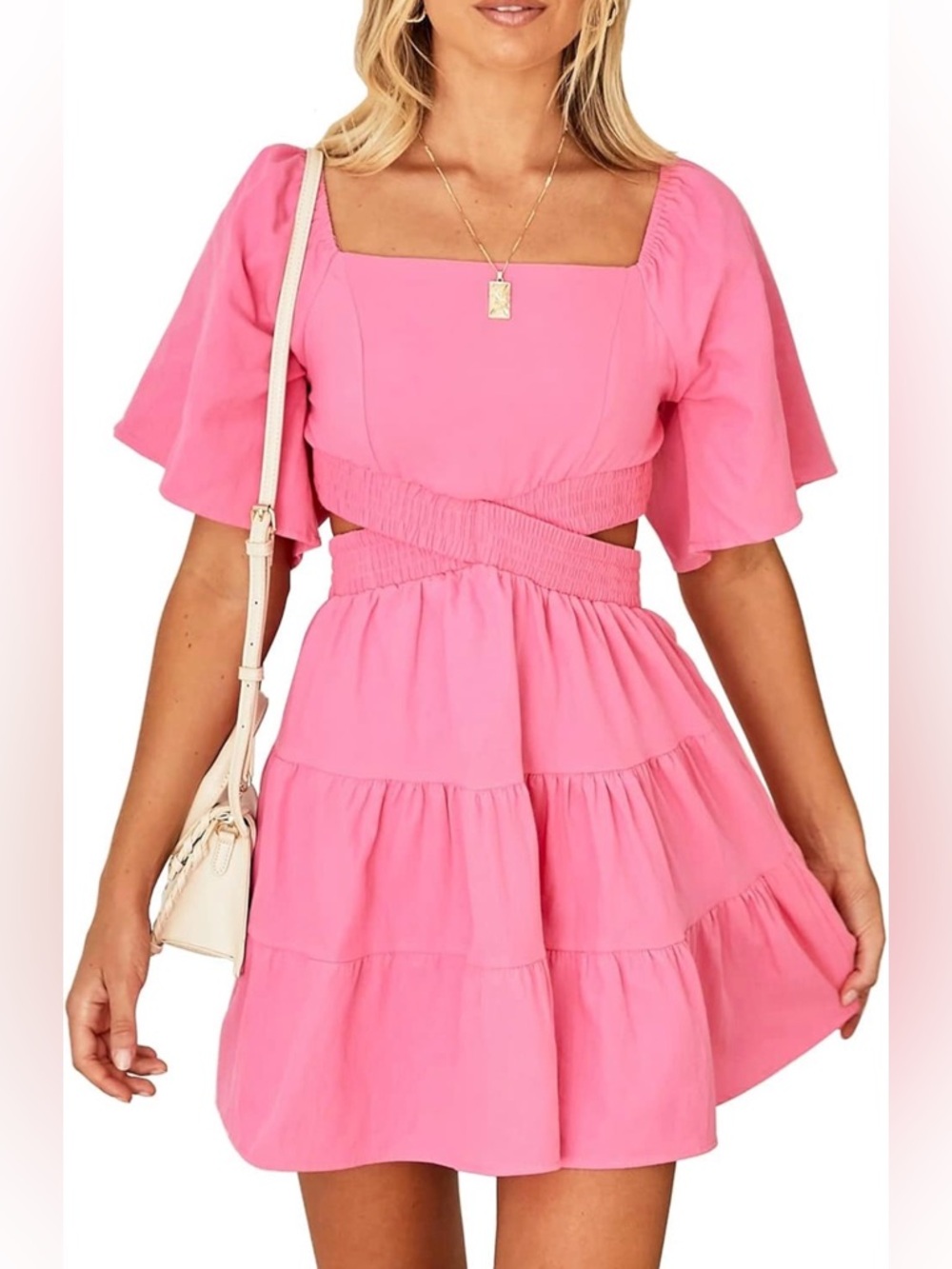 Pink Square-Neck Tiered Mini Dress
